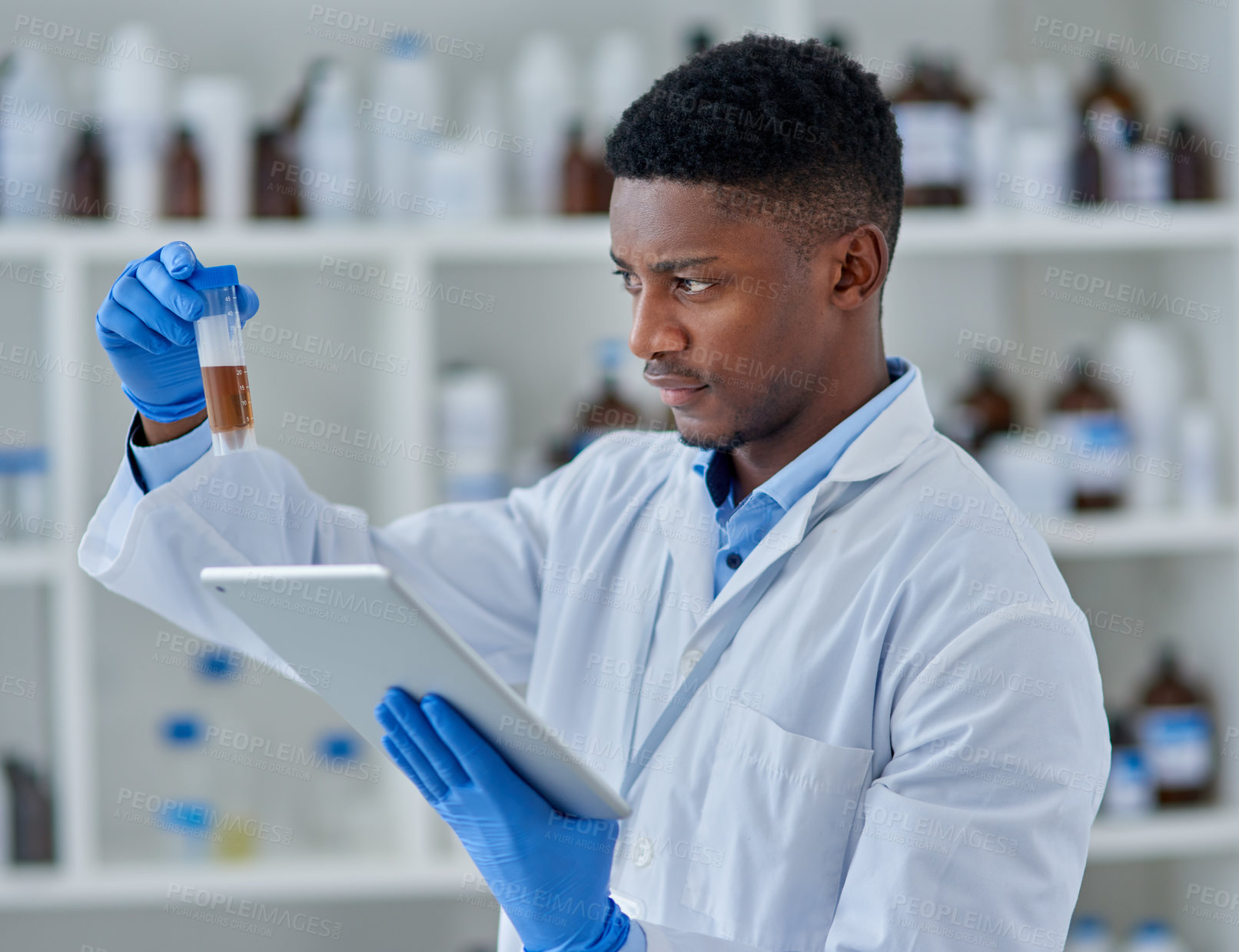 Buy stock photo Scientist, man or liquid for test with tablet in lab for medical study, chemistry development or digital analysis. Science, african expert or vial for healthcare inspection or drug trial breakthrough