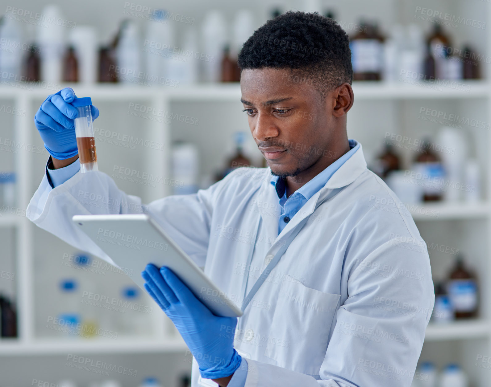 Buy stock photo Science, man or liquid for test with tablet in lab for medical study, chemistry development or digital analysis. Scientist, african expert or vial for healthcare inspection or drug trial breakthrough