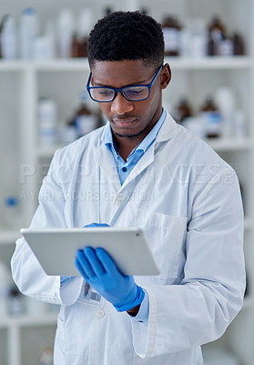 Buy stock photo Science, thinking and black man with tablet, glasses pharmaceutical research in laboratory. Medical study, lab technician or scientist with digital app for online review, inventory report or results.