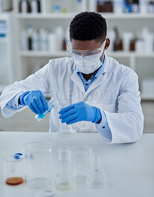 Buy stock photo Black man, scientist and liquid in beaker for research, chemical fluid and vaccine in container. Ppe, doctor and person for forensic exam in lab or process, solution and study innovation in biology