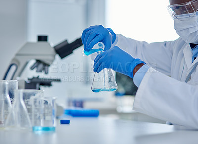 Buy stock photo Black person, scientist and liquid in beaker for testing, chemical fluid and vaccine in container. Ppe, doctor and person for forensic exam in lab or process, solution and study innovation in biology