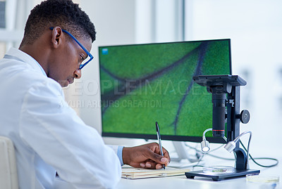 Buy stock photo Black man, notes or scientist writing for science innovation, vaccine or antiaging medicine chemical. Notebook, medical or African biologist with microscope in research or life extension test in lab