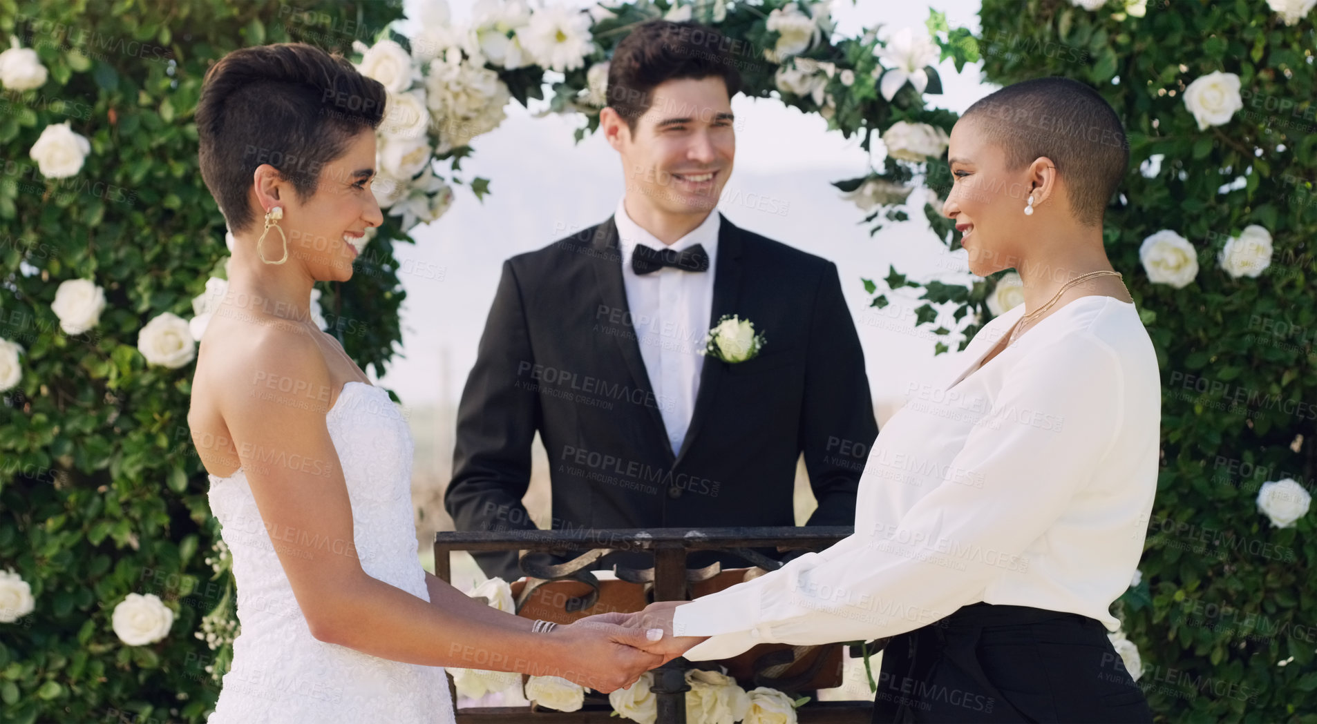 Buy stock photo Love, holding hands and gay with lesbian couple at wedding for celebration, lgbtq and pride. Smile, spring and happiness with women at event in garden for partner commitment, queer and freedom