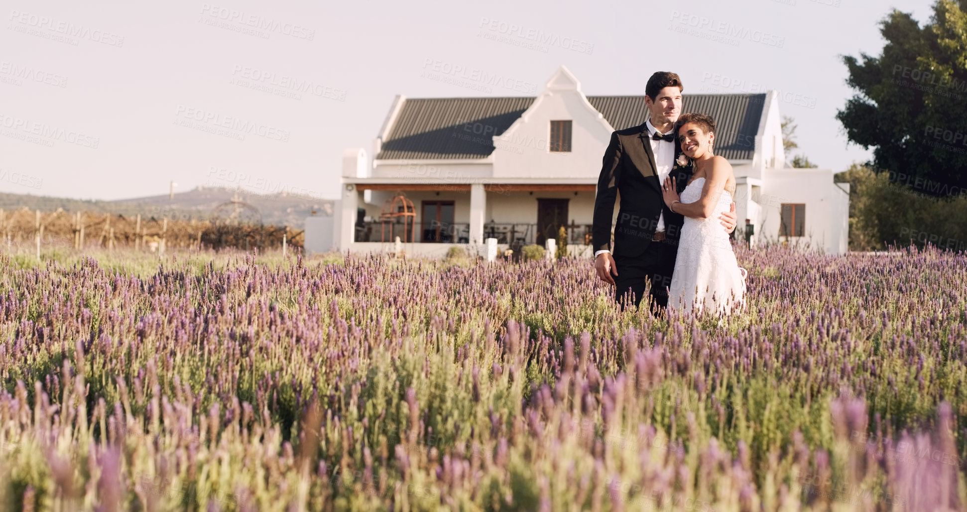 Buy stock photo Couple, wedding and together for love in outdoor, happiness for special day or event. Husband, wife and nature with smile for marriage and commitment, loyalty or trust for relationship in New Zealand