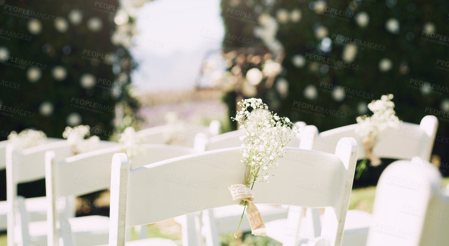 Buy stock photo Still life sot of arranged chairs at an empty wedding venue during the day