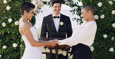 Buy stock photo Love, holding hands and gay with lesbian couple at wedding for celebration, lgbtq and pride. Smile, spring and happiness with women at marriage event for partner commitment, romance and freedom
