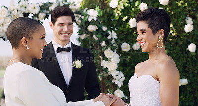Buy stock photo Happy, holding hands and lgbtq with lesbian couple at wedding for celebration, gay and pride. Smile, love and happiness with women at marriage event for partner commitment, sexuality and freedom
