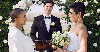 Buy stock photo Wedding, vows and lesbian couple making commitment at altar with smile, love and minister for ceremony. Lgbt marriage, celebration and happy woman with bride, diversity and women with lgbtq pride.