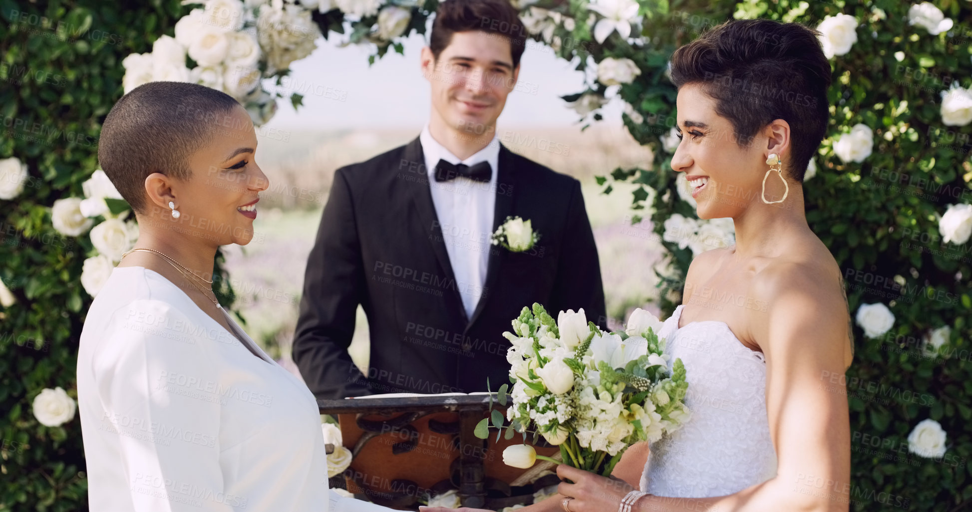 Buy stock photo Wedding, vows and lesbian couple making commitment at altar with smile, love and minister for ceremony. Lgbt marriage, celebration and happy woman with bride, diversity and women with lgbtq pride.