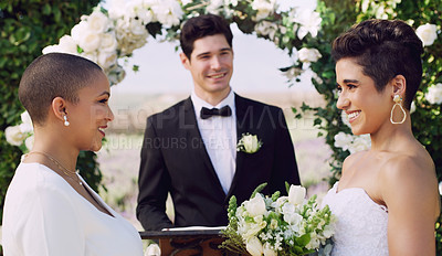 Buy stock photo Love, smile and lgbtq with lesbian couple at wedding for celebration, happy and pride. Gay, spring and marriage ceremony with women at event for partner commitment, queer sexuality and freedom