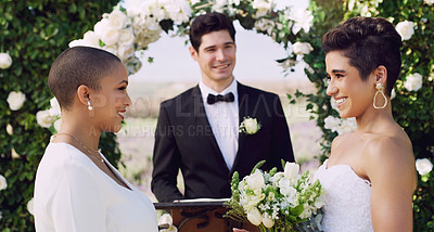 Buy stock photo Love, gay and lgbtq with lesbian couple at wedding for celebration, happy and pride. Smile, spring and marriage ceremony with women at event for partner commitment, queer, romance and freedom