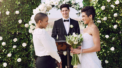 Buy stock photo Love, marriage and lgbtq with lesbian couple at wedding for celebration, happy and bride pride. Smile, spring and ceremony with women at event for partner commitment, queer romance and freedom