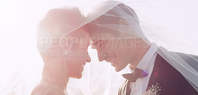 Buy stock photo Couple, forehead touch and wedding veil in outdoor, marriage and commitment at ceremony. People, connection and loyalty in relationship, partnership and trust in support or together for celebration