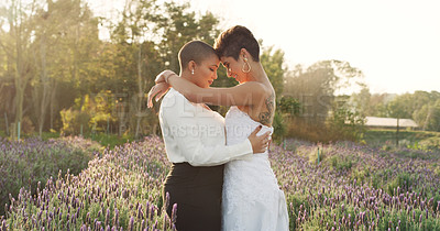 Buy stock photo Love, wedding and lgbtq with lesbian couple in nature for celebration, hugging and pride. Gay, spring and marriage ceremony with women in field for commitment, queer sexuality and freedom