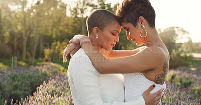 Buy stock photo Cropped shot of an affectionate young lesbian couple  standing with their arms around each other in a meadow on their wedding day