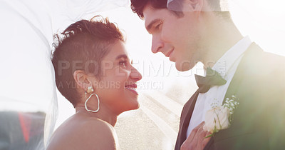 Buy stock photo Couple, love and wedding veil for marriage and commitment at ceremony with bride. Man, woman and connection with loyalty in relationship, partnership and trust in support or together for celebration