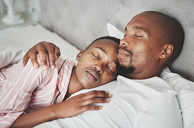 Buy stock photo Love, embrace and black couple sleeping in bed dreaming of romance, marriage and loving relationship. Sleep, dream and romantic man with woman in bedroom, trust and support to relax and rest together