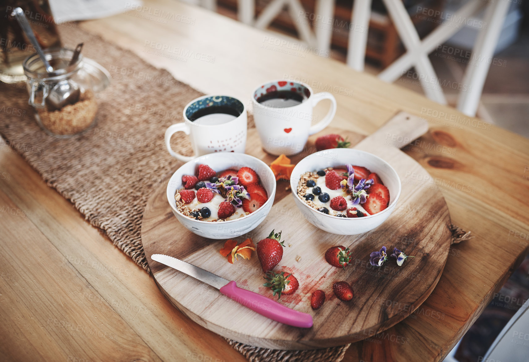Buy stock photo Breakfast, muesli cereal and diet above on table of fruit, wheat or oats and organic food for wellness or at home. Bowls in brunch prepared with cup of coffee for dieting plan, nutrition or fibre