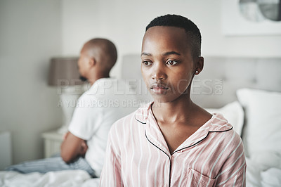 Buy stock photo Stress, depression and insomnia, black couple on bed in home angry after argument or fight. Mental health, relationship and divorce problem, woman and man frustrated and depressed in bedroom thinking