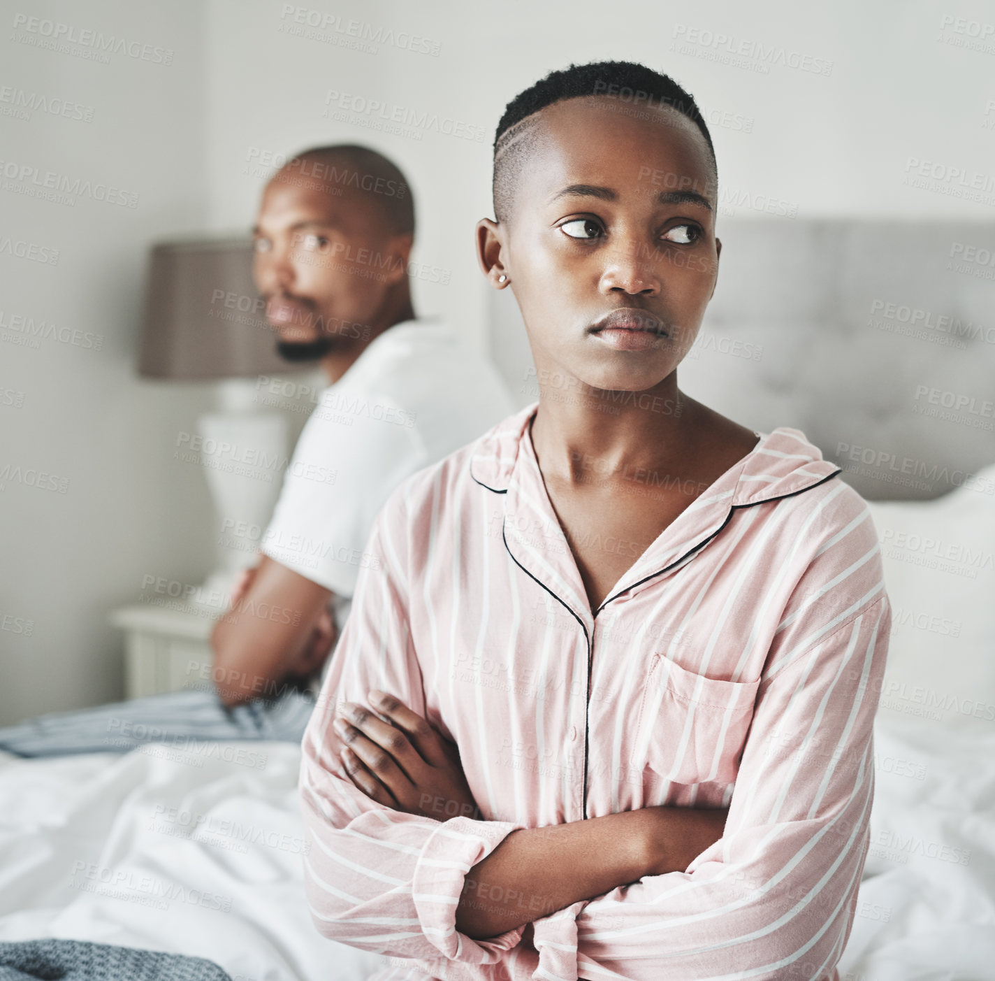 Buy stock photo Stress, depression and marriage, black couple on bed in home angry after argument or fight. Mental health, relationship and divorce problem, woman and man frustrated and depressed in bedroom thinking