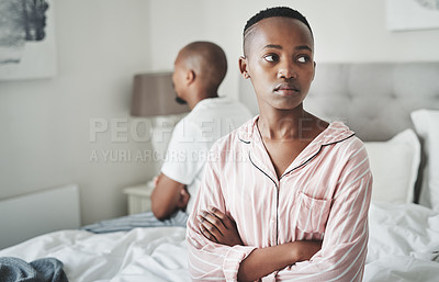 Buy stock photo Mental health, depression and marriage, black couple on bed in home angry after cheating argument or fight. Stress, relationship and divorce problem, woman and man frustrated and depressed in bedroom