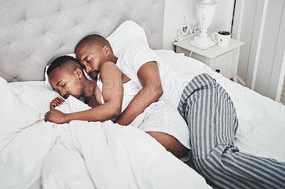 Buy stock photo Home, nap and black couple in bed sleeping together with love and care in a house. Tired black woman, morning and sleep of a African man and girlfriend in a house feeling lazy and relax on weekend