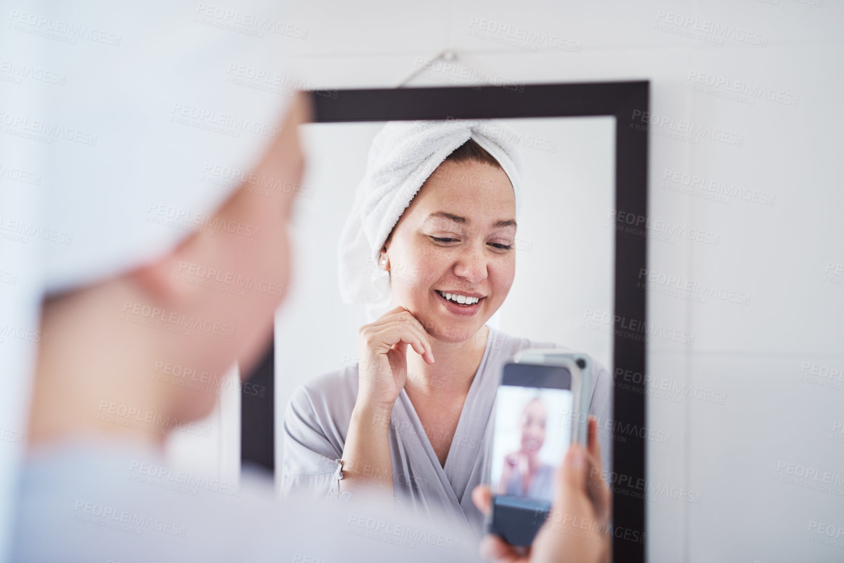 Buy stock photo Woman, selfie and bathroom mirror with cosmetics, smile and results for beauty, skincare and post on web. Person, influencer and reflection with transformation, wellness and photography at apartment