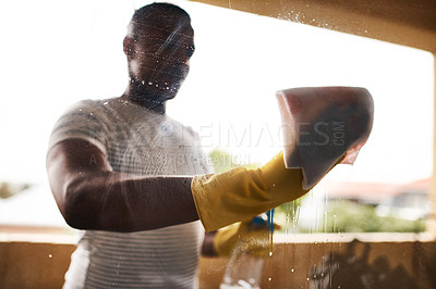 Buy stock photo Cleaning, window and man with water and cloth for hygiene, disinfection and bacteria for maid service. Housekeeping, housework and person with washing tools with detergents for dirt and dust in home