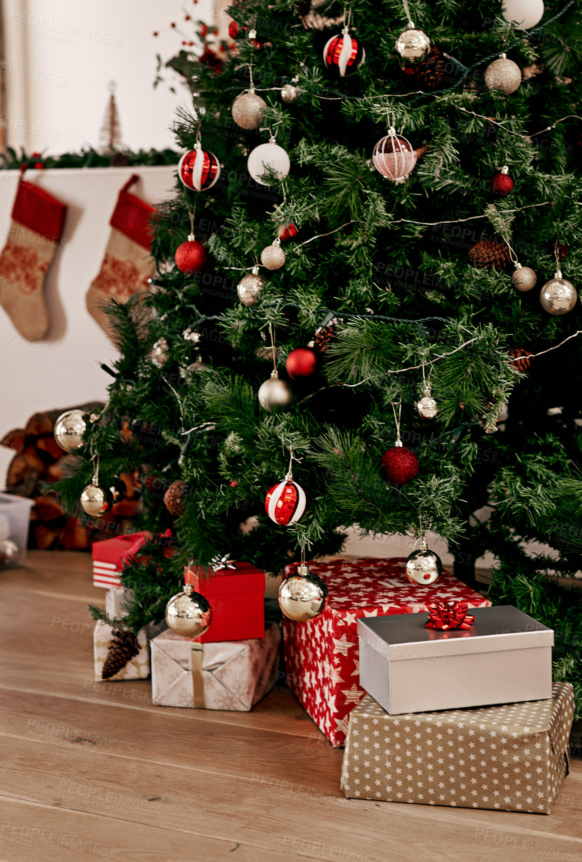 Buy stock photo Christmas, tree and gift on the floor of a home living room in celebration or preparation for the festive season. Morning, present and tradition with a Christmas tree in a house for xmas holidays