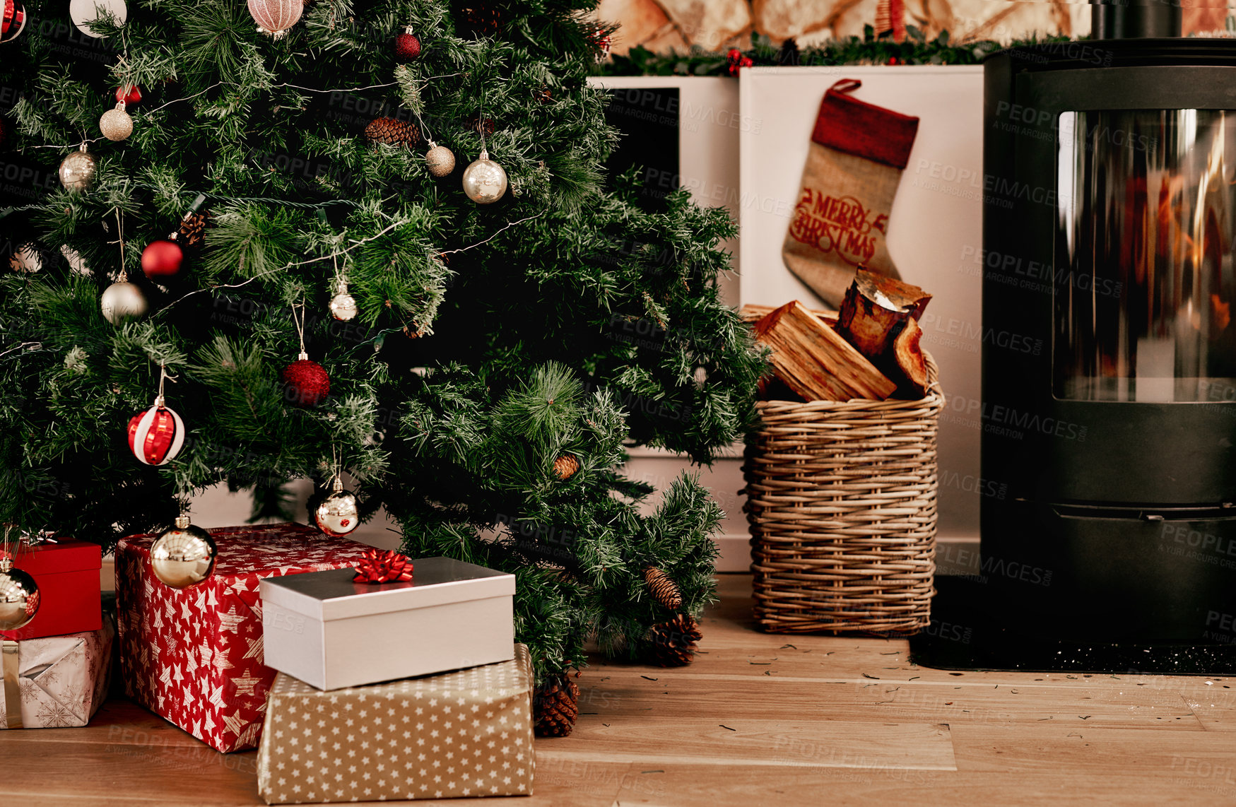 Buy stock photo Christmas, tree and gift with a present, package or box wrapped on a living room floor in an empty home during the holidays. Background, wood and fireplace in a house for festive season celebration