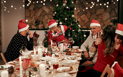 Buy stock photo Family, generations and Christmas dinner party with men, women and children smile, eat and drink together in dining room. Happy family, kids, couple and grandparents celebrate holiday hug at table.