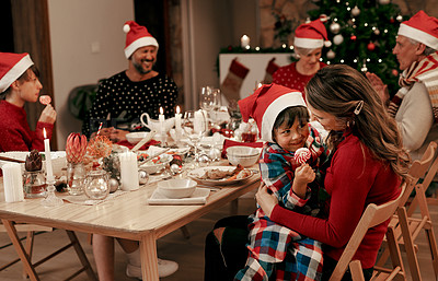 Buy stock photo Christmas, dinner and happy big family in the dining room for a festive holiday celebration. Grandparents, parents and children enjoying a xmas event, party or banquet at family home with decoration.