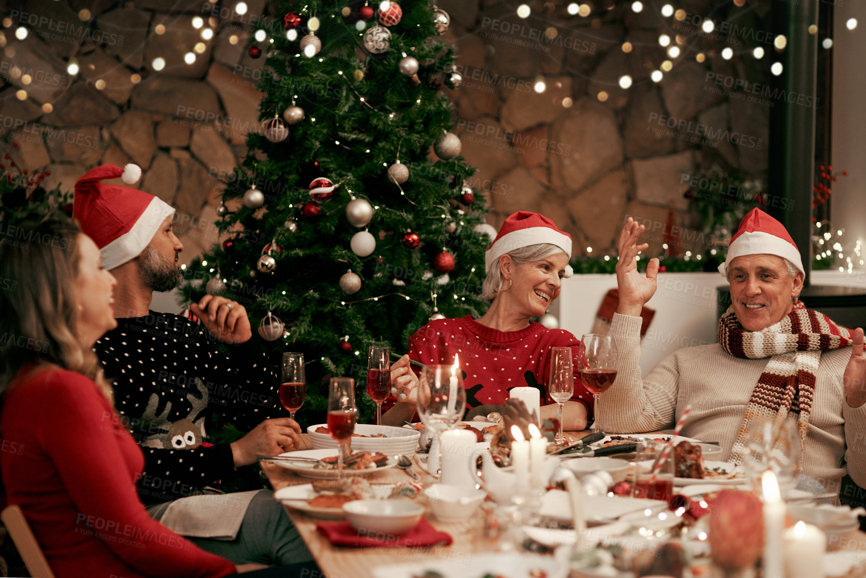 Buy stock photo Happy family, christmas dinner and celebration together in home, house or meal together in dining room home. Festive xmas feast, big family lunch and happiness, social gathering and celebrate holiday
