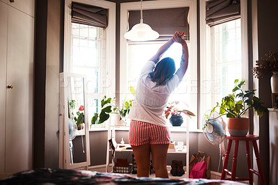 Buy stock photo Rearview shot of a young woman stretching at home