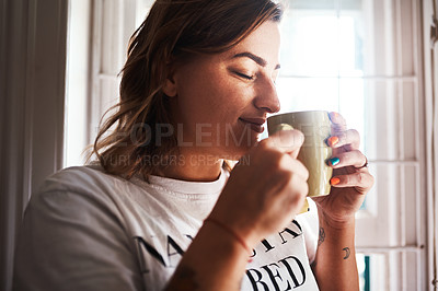 Buy stock photo Woman, eyes closed and smile with smelling coffee for break, relax and aroma at home. Female person, apartment and happy or satisfied with cup of tea, drink and enjoy to rest, chill and self care