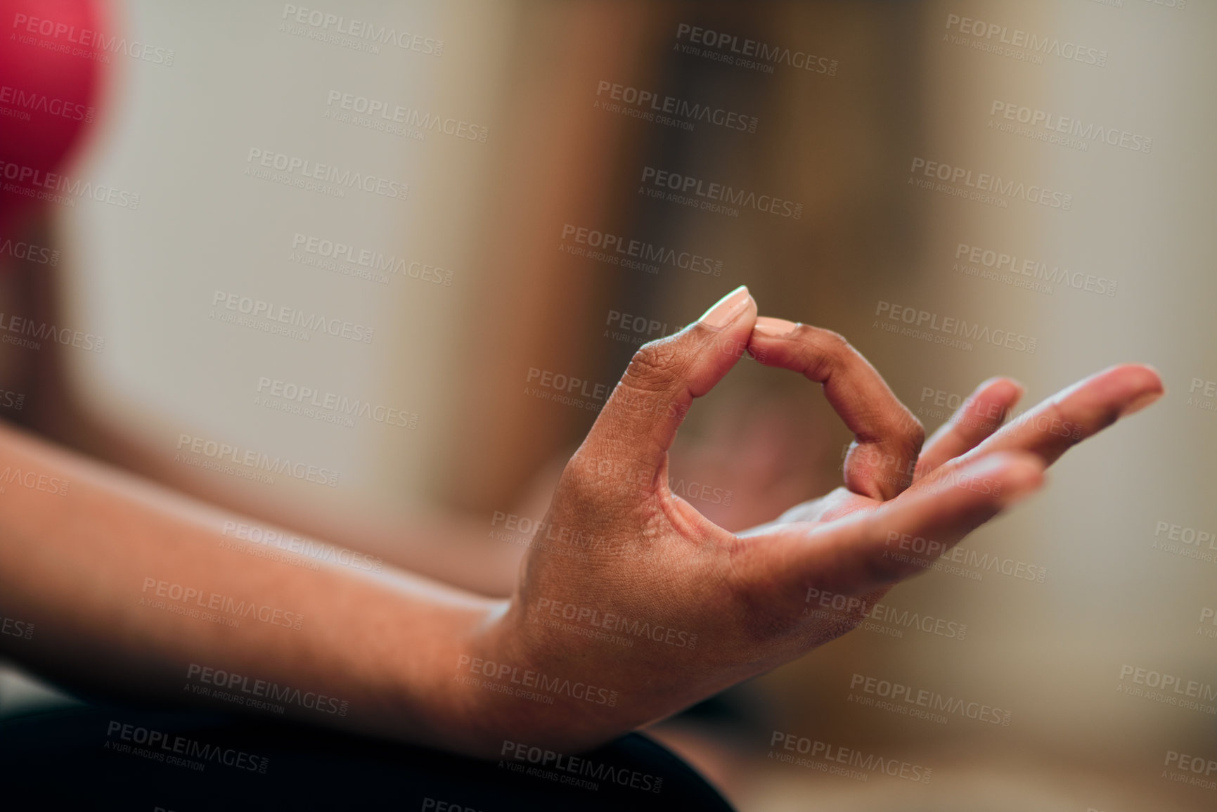 Buy stock photo Hand, woman and zen for meditation for fitness, exercise and spiritual inner peace in home. Closeup, lotus gesture and female trainer with physical activity for wellness, mental health and relax