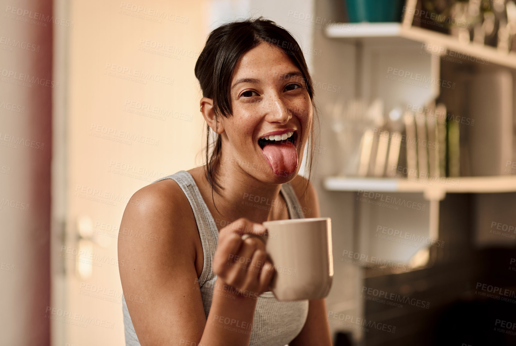 Buy stock photo Happy, woman and coffee in kitchen at house for portrait with smile for caffeine as breakfast. Female person, beverage and playful, fresh and morning fix to feel energy, relaxed and refreshed

