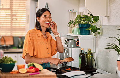 Buy stock photo Smile, cooking and woman tasting in kitchen for health, wellness and diet meal for dinner at home. Happy, nutrition and portrait of person preparing lunch or supper with vegetables at apartment.