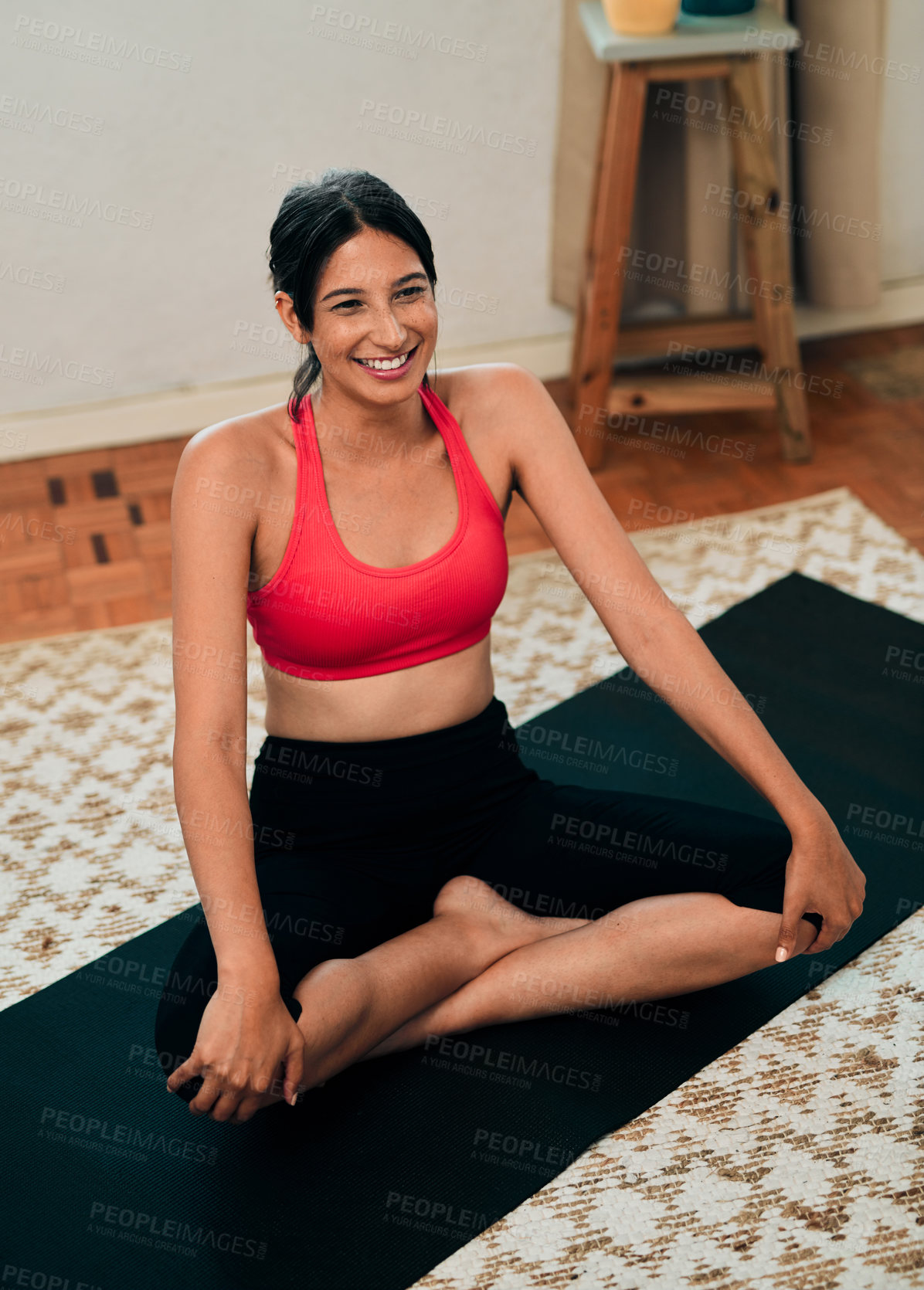 Buy stock photo Portrait of a happy young woman doing yoga at home