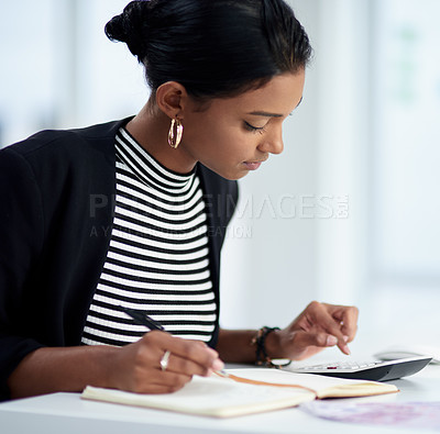 Buy stock photo Business, woman and journal with calculator in office for company budget, analysis and planning. Corporate, accounting and person with notebook at work for financial review, tax return or bookkeeping