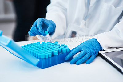 Buy stock photo Science, lab and hand of person with test tube for medical research, experiment and innovation. Scientist, gloves and container with sample for healthcare study, vaccine development and investigation