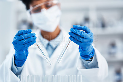 Buy stock photo Scientist, laboratory or test tube for research or development, pharmaceutical or biotechnology. Male person, safety or analysis in office for career with medical, glass or investigation for vaccine