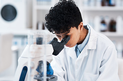 Buy stock photo Woman, scientist and microscope for research, exam or analysis in laboratory experiment. Equipment, microbiology and test for medical science, chemistry or biotechnology study for health innovation