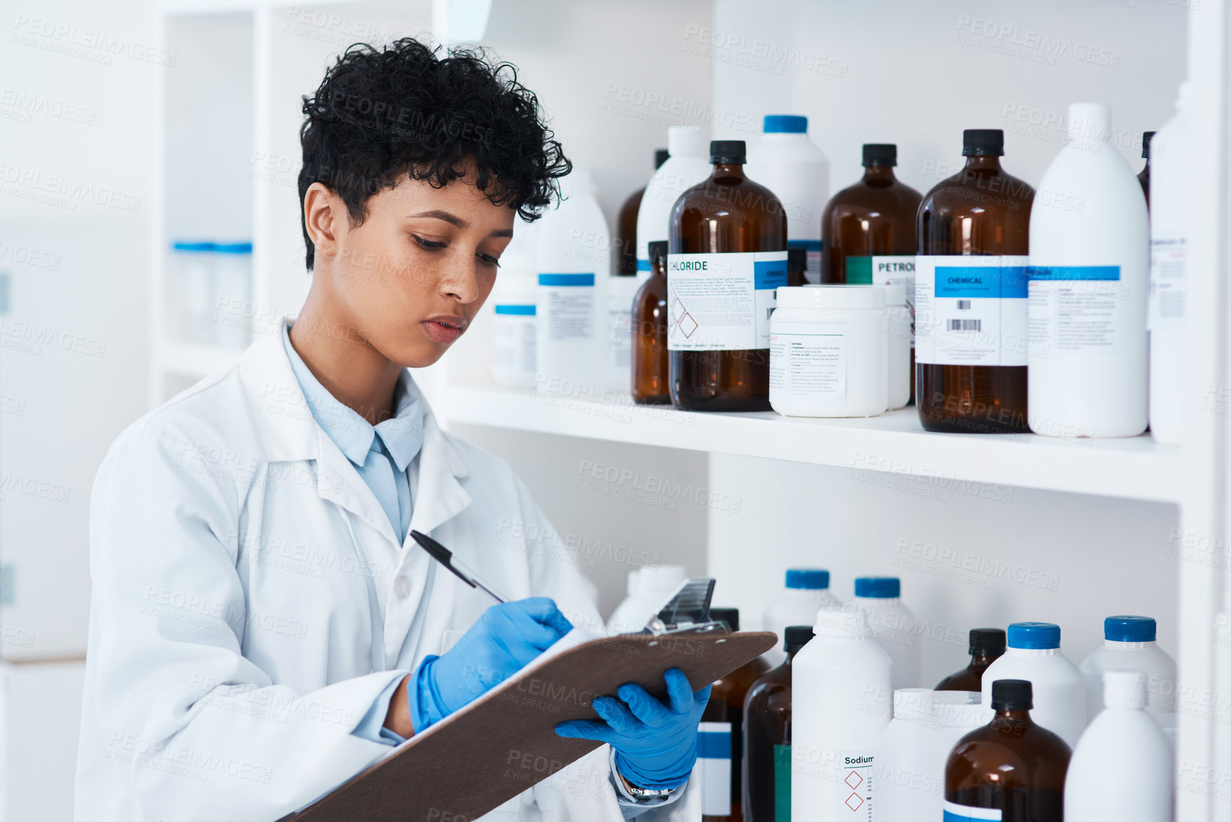 Buy stock photo Woman, doctor and clipboard for research, stock take and pharmaceutical development for medicine. Female scientist, notebook and innovation in laboratory with chemical, analysis and investigation