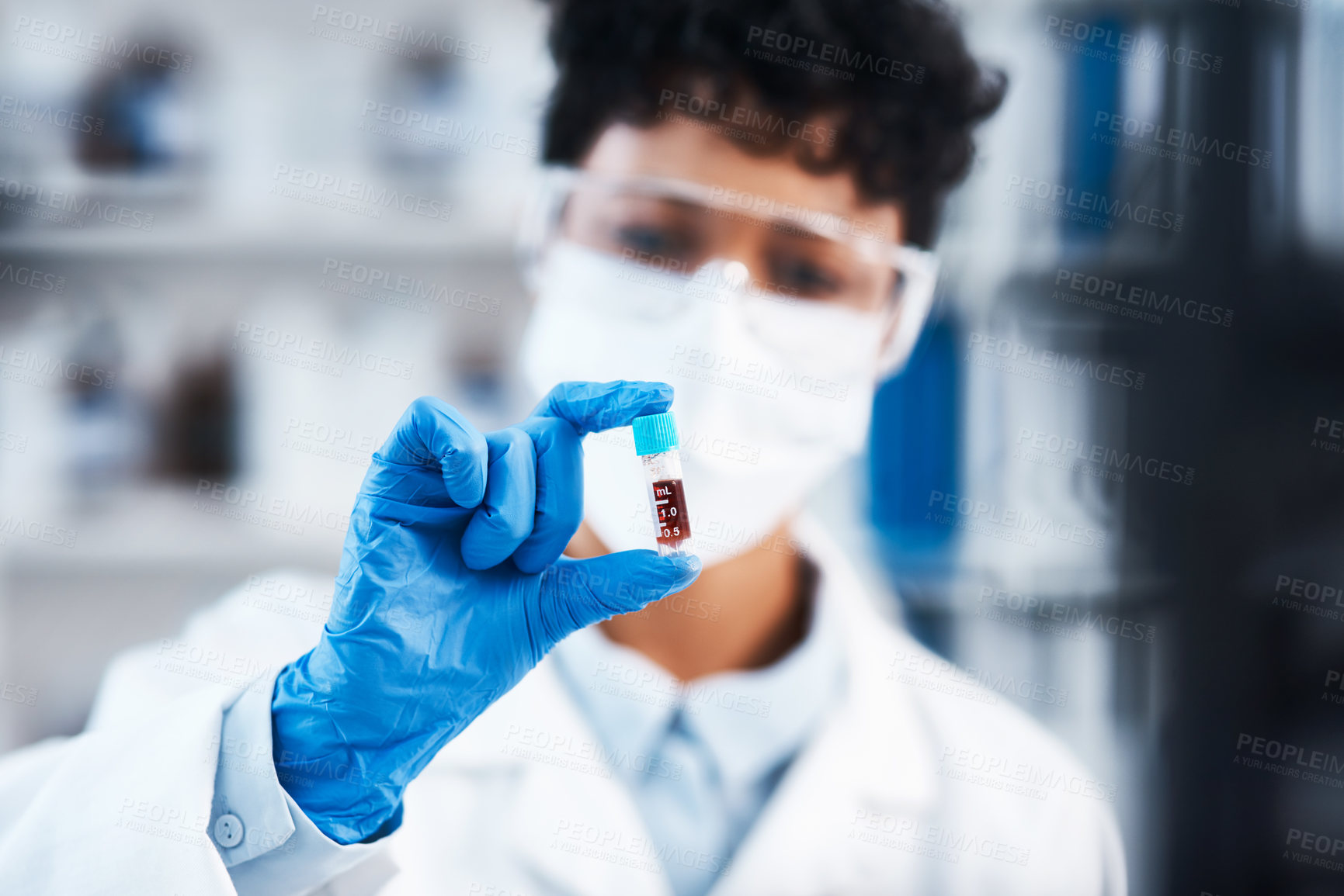 Buy stock photo Science, fluid sample and woman in laboratory with face mask for investigation, research or antiaging testing. Biotechnology, cure and person with test tube for analysis, experiment or medical study