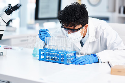 Buy stock photo Scientist, lab or test tube with safety and development, pharmaceutical or biotechnology. Male person, research or analysis in office for career with medical, glass or investigation for vaccine