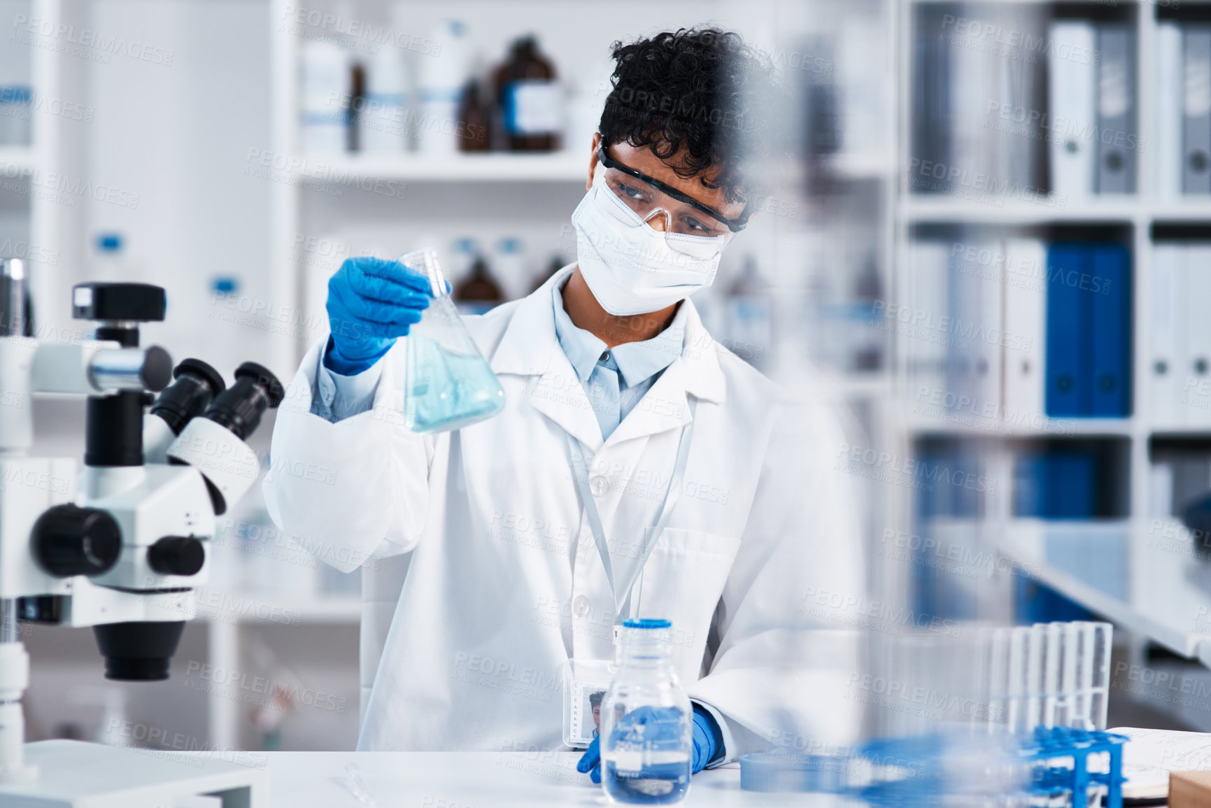 Buy stock photo Person, scientist and chemical in glass beaker for research study to experiment, test and sample. Equipment, lab and liquid for innovation, information and knowledge with scientific development