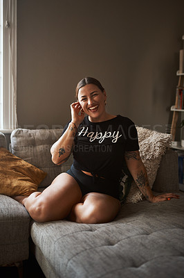 Buy stock photo Woman, happy and portrait on sofa for relax, confidence and body positivity in home. Girl, smile and underwear on living room couch with comfort space, wellness or tattoos for aesthetic or self care