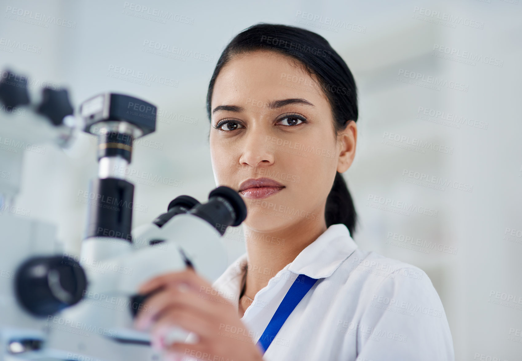Buy stock photo Woman, portrait and microscope for research in laboratory for medical, development and clinic analysis. Female scientist, technology and innovation for medicine, chemistry and science in hospital