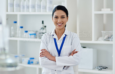 Buy stock photo Arms crossed, portrait and smile with science woman in laboratory for innovation or research. Happy, hospital and medicine with confident scientist in lab for breakthrough, discovery or experiment